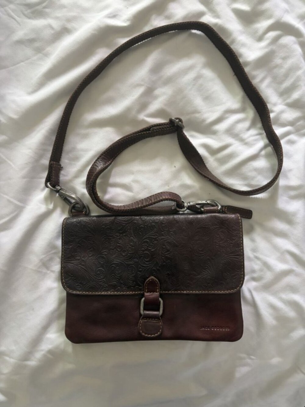 Jack Georges Brown Floral Embossed Leather Crossbody Bag Purse